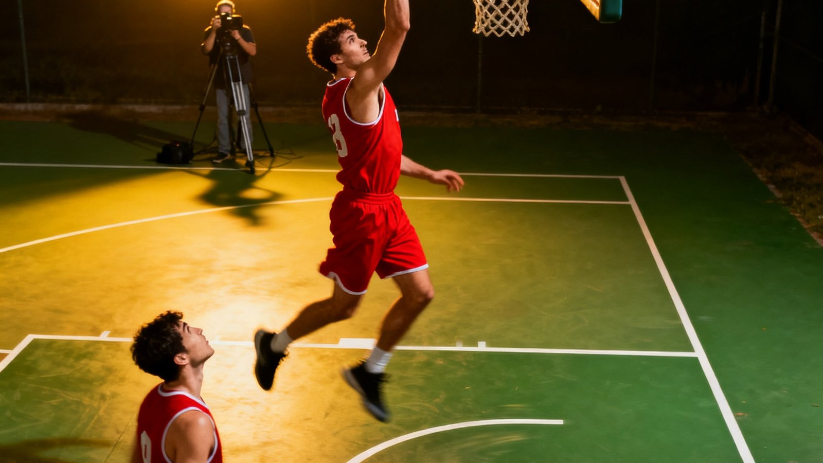 NBA比赛现场，一名身穿红色球衣的球员从罚球线附近腾空而起，右手高举篮球准备完成一记势大力沉的单手劈扣，防守球员仰头观望无力阻拦，篮板后的摄影师纷纷按下快门捕捉这一精彩瞬间。